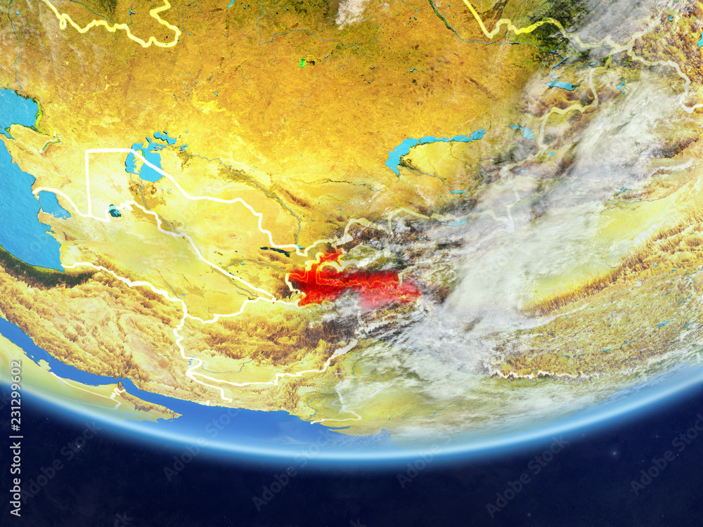 Obraz premium Tajikistan on realistic model of planet Earth with country borders and very detailed planet surface and clouds.