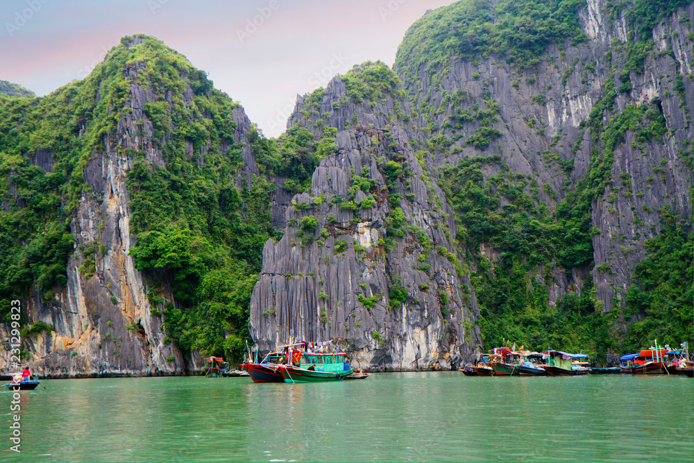 Halong, Vietnam, Rocks. Halong Bay is located in the Gulf of Tonkin just 180 kilometers from Hanoi. UNESCO world heritage site in Vietnam.