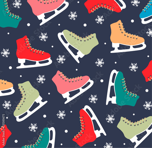 Ice skates patterns with snowflakes. Christmas and new year element  poster for your design. 