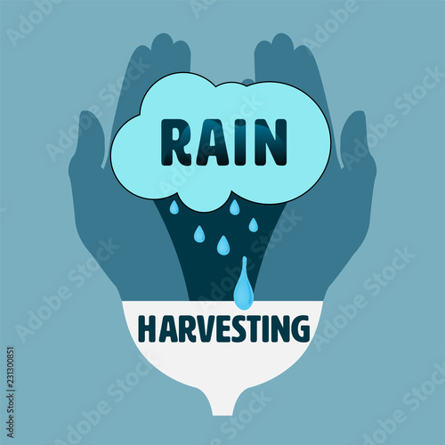 Rain typographic design with hand gathering drops and rainwater draining to the funnel as a harvesting gimmick. Rain harvesting concept. Vector illustration.