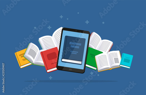 Modern ebook concept. Tablet with the flying books on the background. E-books, internet courses and graduation process. Vector illustration in flat style.