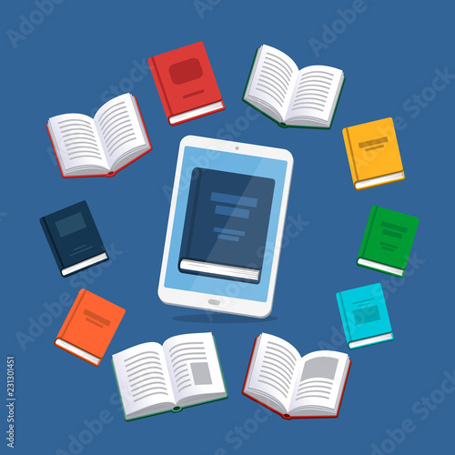 Modern ebook concept. Tablet with the flying books on the background. E-books, internet courses and graduation process. Vector illustration in flat style.