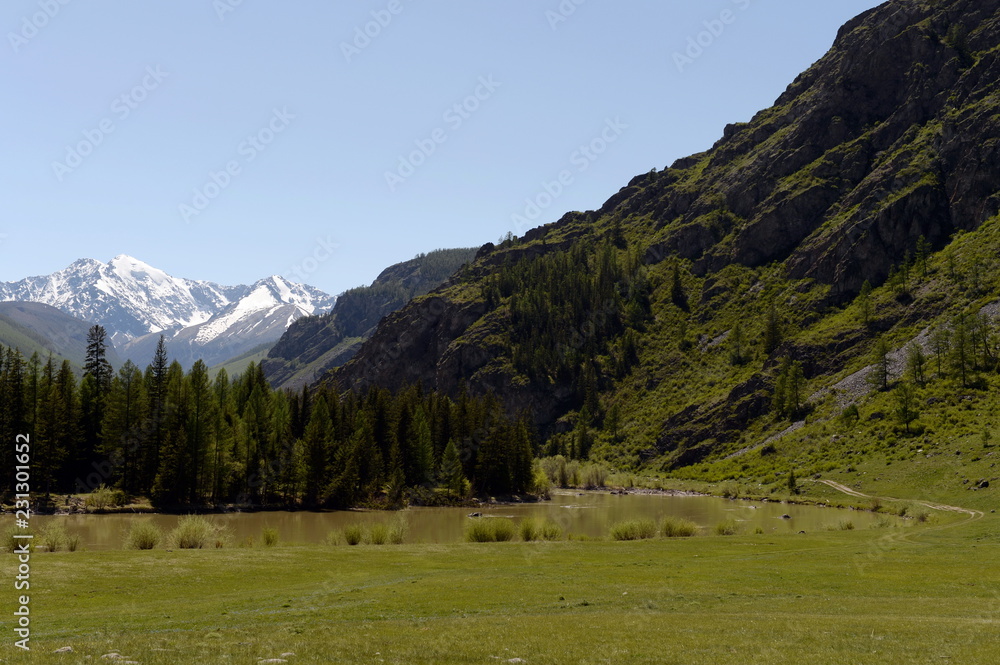 Mountain landscape in the area of the abandoned Aktash hydroelectric station. Altai Republic