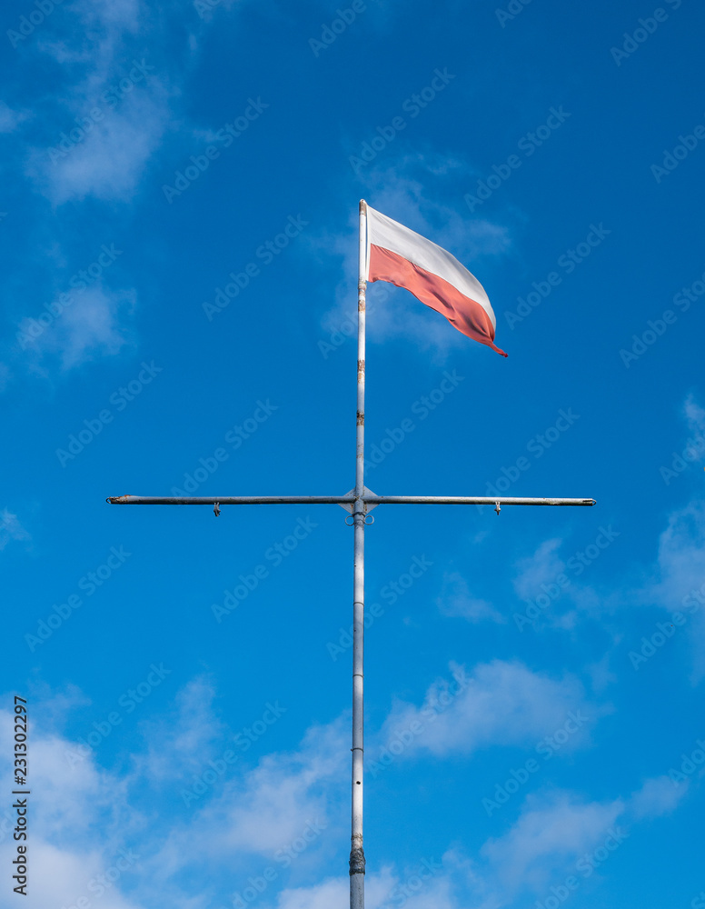 flag of poland in the wind against a sky