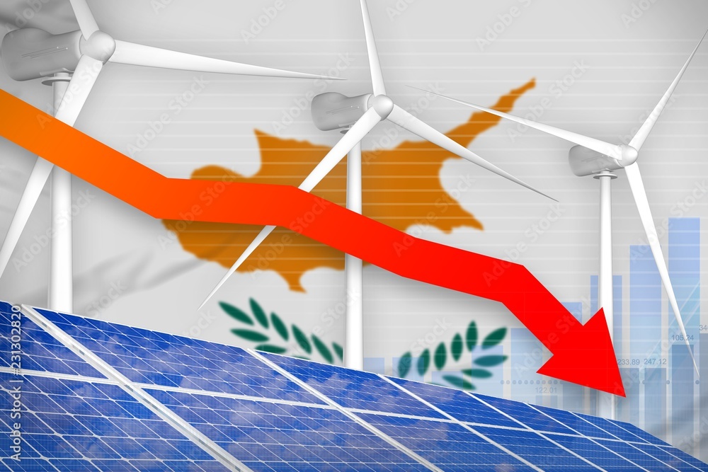 Fototapeta premium Cyprus solar and wind energy lowering chart, arrow down - alternative natural energy industrial illustration. 3D Illustration