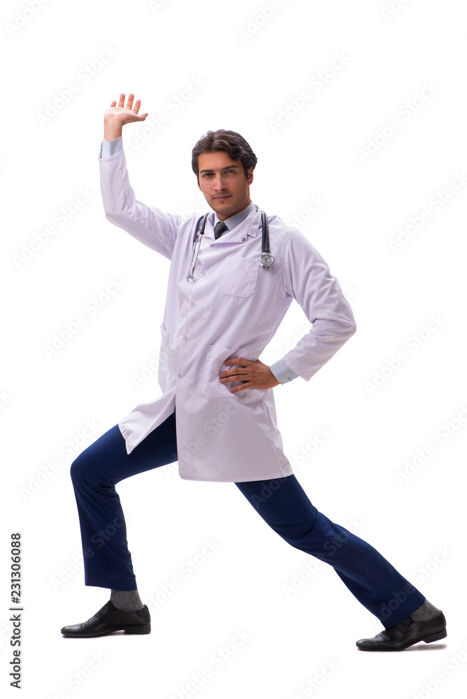 Young handsome doctor under pressure isolated on white Young handsome doctor under pressure isolated on white