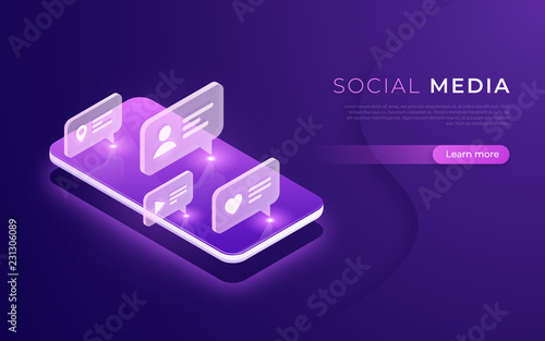 Social media communication, networking, chatting, messaging isometric concept