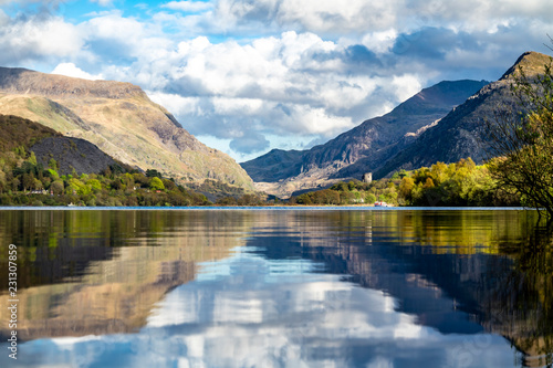 Reflections at Llyn Padarn with Dolbadarn Castle at Llanberis in Snowdonia National Park in background - Wales photo