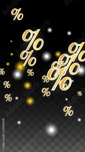 Luxury Vector Gold Percentage Sign Confetti on Transparent. Percent Sale Background. Business, Economics Print. Discount Illustration. Promotion Poster. Black Friday Banner. Special offer Template. © Feliche _Vero