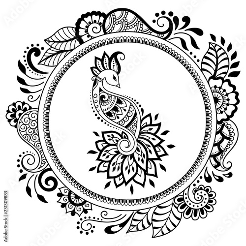 Circular pattern in form of mandala with  bird template - Peacock for Henna, Mehndi, tattoo, decoration. Decorative ornament in ethnic oriental style. Coloring book page.