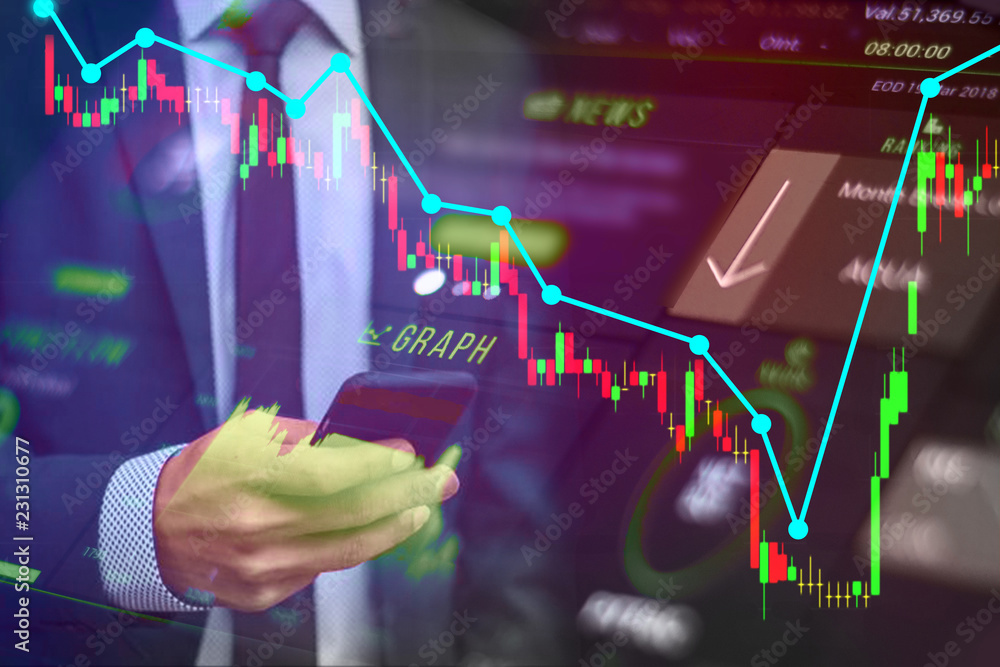 Man and technology futuristic with world globe and move investment business graph charts of financial instruments Man and technology futuristic with world globe and move investment business graph charts of financial instruments