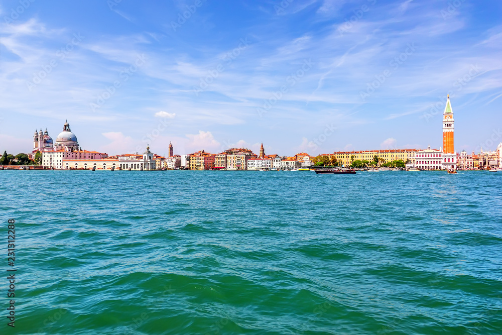 View on Venice with St Mark's Campanile and the Dome of Santa Maria della Salute from the lagoon