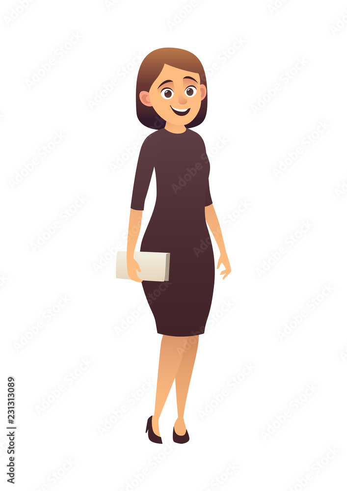 Beautiful woman cartoon girl character wearing black dress isolated Stock  Vector | Adobe Stock
