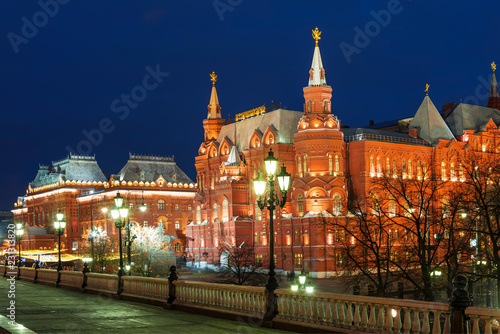 Winter night Moscow. View of the Historical Museum from Manezh square. Russia