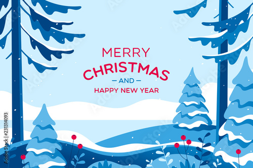 Merry Christmas card with winter landscape. Vector illustration.