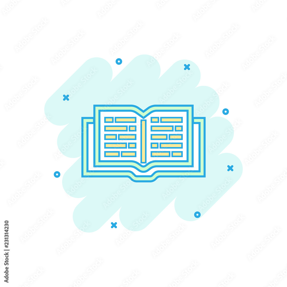 Vector cartoon open book icon in comic style. Text book concept illustration pictogram. Education library business splash effect concept.