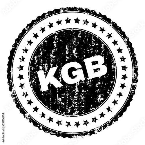 KGB seal print with distress texture. Black vector rubber print of KGB title with retro texture. Rubber seal imitation has round shape and contains stars.