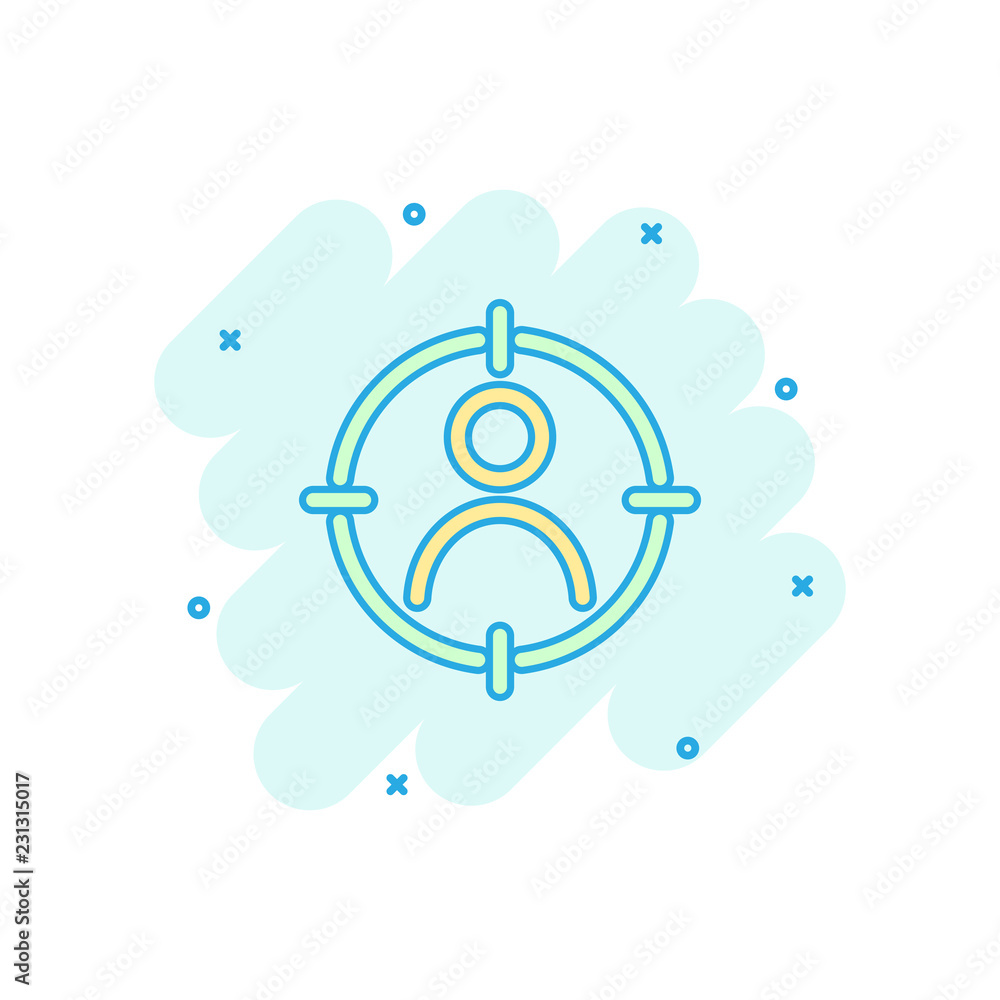 Vector cartoon target audience icon in comic style. Marketing target strategy concept illustration pictogram. Aim on people splash effect concept. Vector cartoon target audience icon in comic style. Marketing target strategy concept illustration pictogram. Aim on people splash effect concept.
