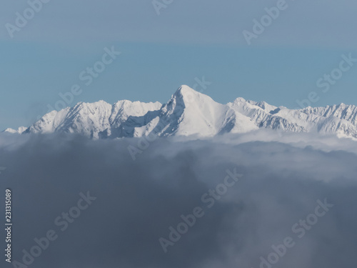 Snowy winter peaks in High Tatras from hill Chopok in Low Tatras mountains, Slovakia