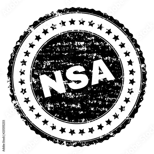 NSA seal stamp with corroded texture. Black vector rubber print of NSA text with corroded texture. Rubber seal imitation has round shape and contains stars.