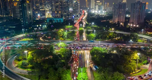 JAKARTA, Indonesia - October 31, 2018: Beautiful aerial hyperlapse of traffic jam on rush hour at Semanggi bridge in Jakarta, Indonesia. Shot in 4k resolution photo