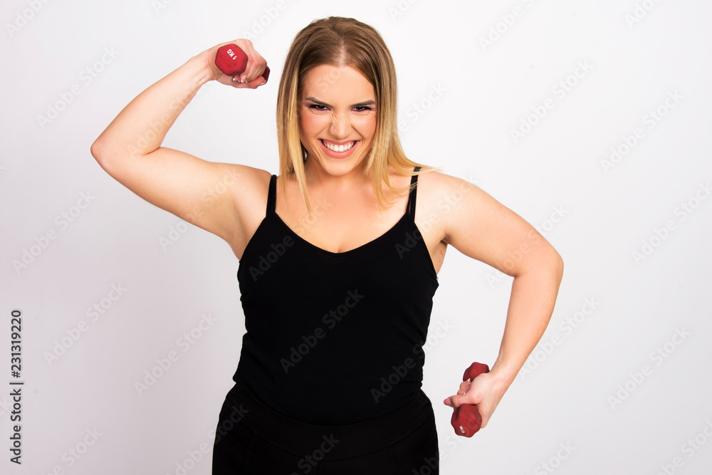 beautiful size plus young woman blond girl model exercise isolated on white holding weights beautiful size plus young woman blond girl model exercise isolated on white holding weights