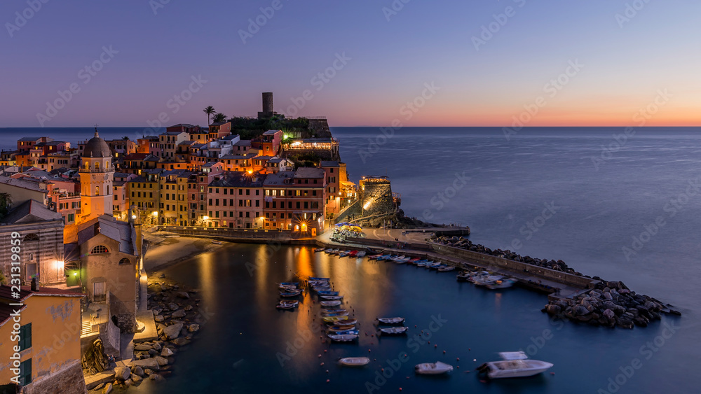 Vernazza between sunset and blue hour, Cinque Terre, Liguria, Italy