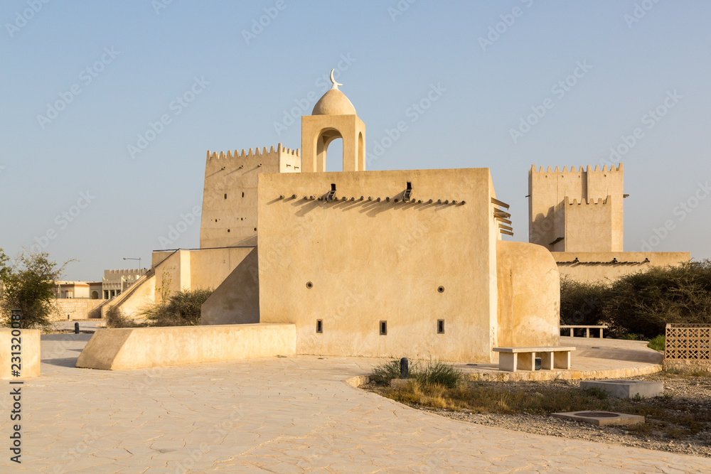 Barzan watchtowers and an Old mosque, Umm Salal Mohammed Fort Towers, ancient Arabian fortification near Umm Salal Muhammad town and Doha city, Qatar