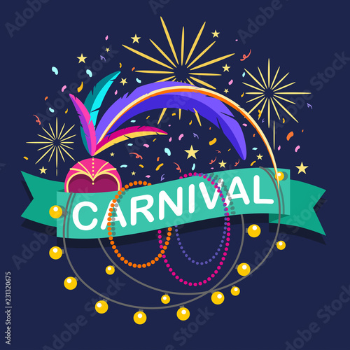 Colorful carnaval greeting card. Vector design template with carnaval elements on blue background