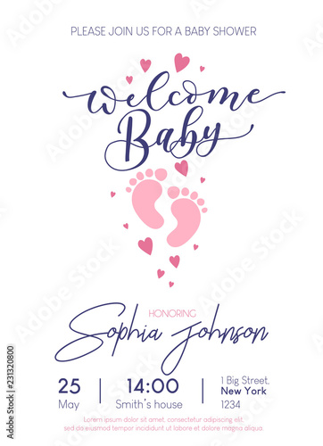 Welcome Baby cute illustration with lettering and baby footprints. Baby shower invitation design. Vector illustration
