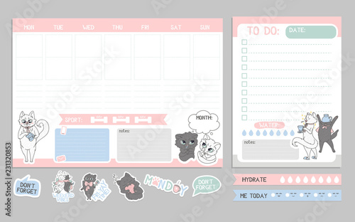 Weekly planner cute design with cats. Vector illustration