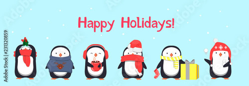 Happy Holidays greeting card with penguins. Vector illustration