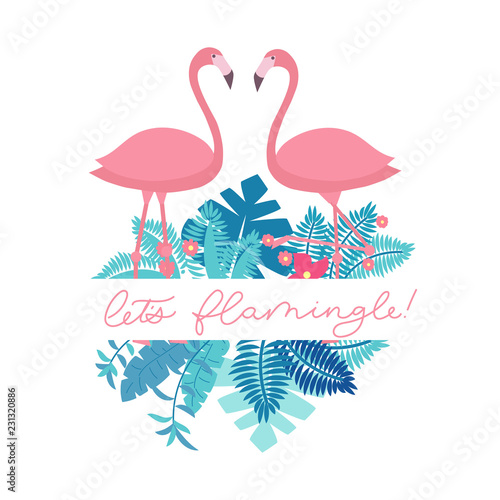 Let's flamingle lettering inscription for party or greeting card. Cute pink flamingo with tropical leaves. Vector cute summer quote,﻿ photo