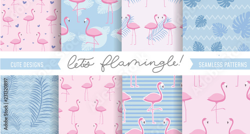 Set of cute flamingo and tropical patterns. Seamless pattern designs for textile, posters etc. Vector illustration