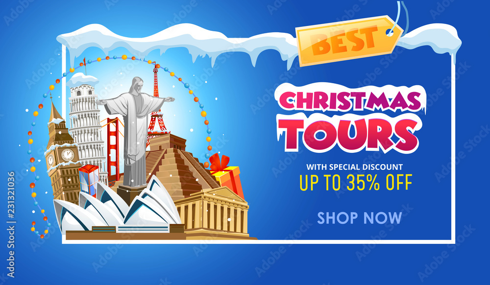 Naklejka premium Christmas tours travel promo banner design template. Vector illustration