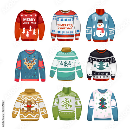 Ugly sweaters set. Christmas sweaters isolated on white background. Vector illustration