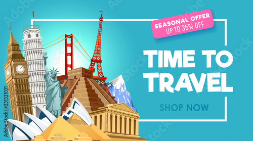 Travel promo banner design for travel agency. Vector illustration