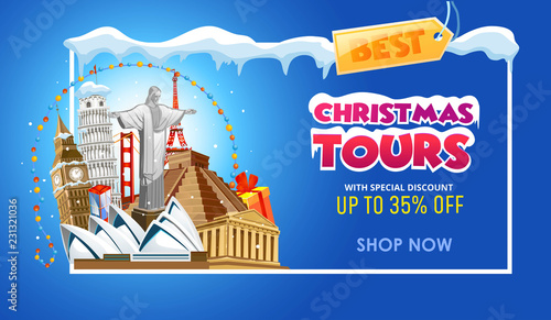 Christmas tours travel promo banner design template. Vector illustration
