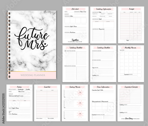 Wedding planner printable design with checklists, important date, notes etc. Vector illustration photo