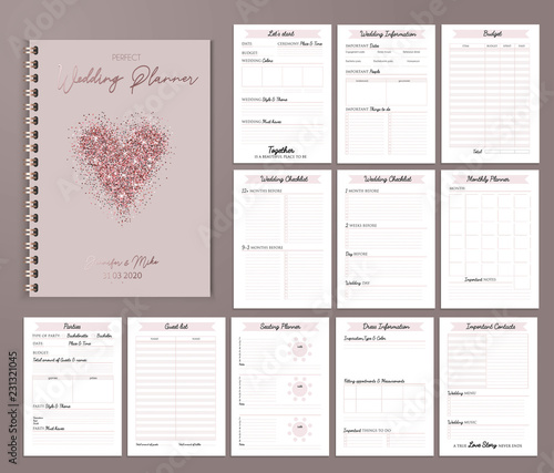 Wedding planner printable design with checklists, important date, notes etc. Vector illustration