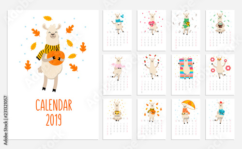 Llama calendar for 2019 with cute alpacas. Vector planner illustration for New Year.