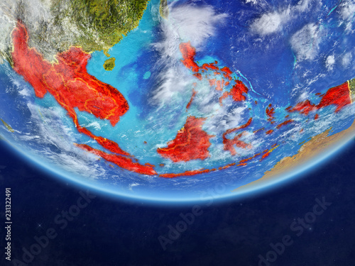 Fototapeta Naklejka Na Ścianę i Meble -  ASEAN memeber states on realistic model of planet Earth with country borders and very detailed planet surface and clouds.