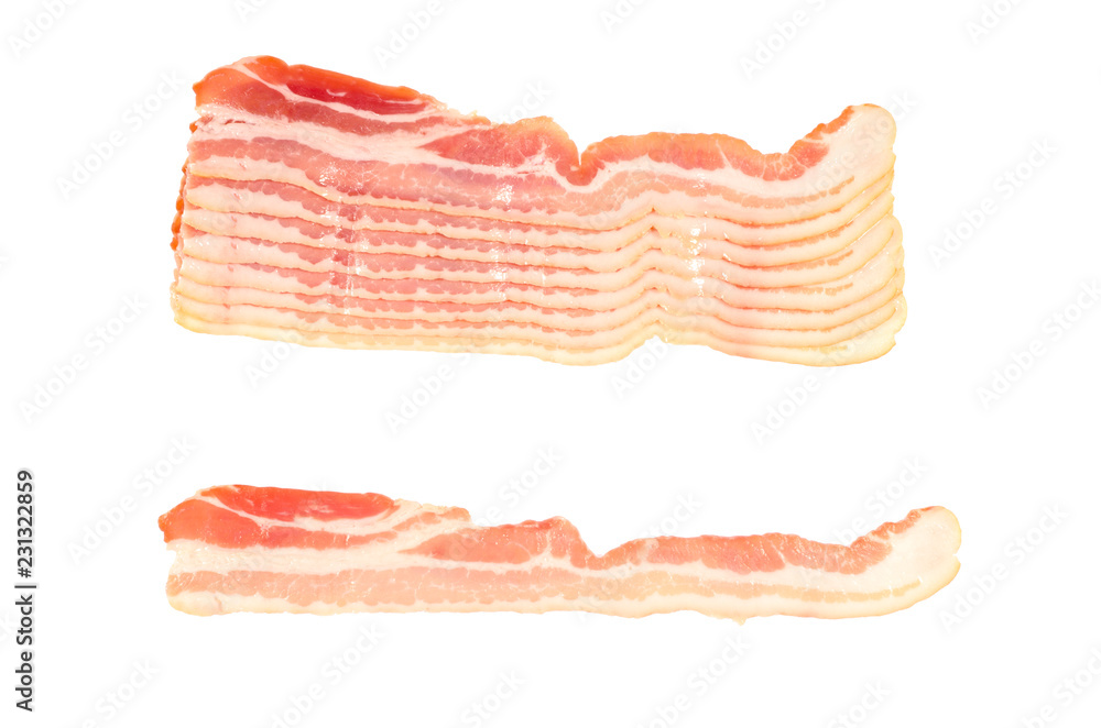 Stacks of thin strips of smoked bacon isolated on white background. Stacks of thin strips of smoked bacon isolated on white background.
