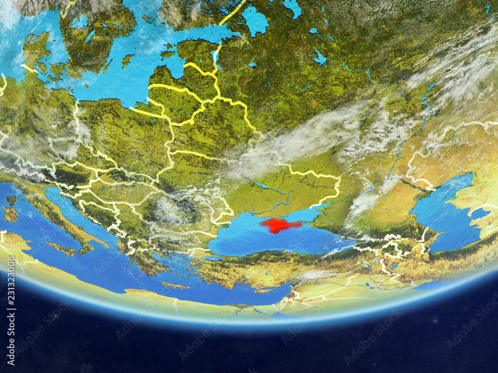 Crimea on realistic model of planet Earth with country borders and very detailed planet surface and clouds. Crimea on realistic model of planet Earth with country borders and very detailed planet surface and clouds.