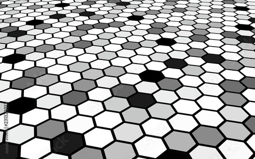 Black honeycomb with a gradient color. Perspective view on polygon look like honeycomb. Isometric geometry. 3D illustration photo