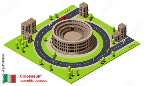 Ancient Rome Colosseum in nowadays isometric vector illustration.