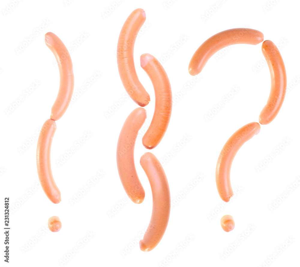 Question mark and exclamation mark made of smoked sausage, isolated on white background. Question mark and exclamation mark made of smoked sausage, isolated on white background.