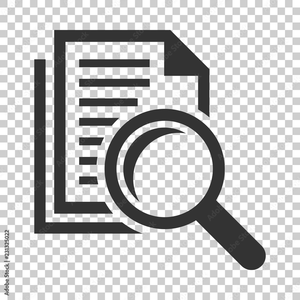 Scrutiny document plan icon in flat style. Review statement vector illustration on isolated background. Document with magnifier loupe business concept. Scrutiny document plan icon in flat style. Review statement vector illustration on isolated background. Document with magnifier loupe business concept.
