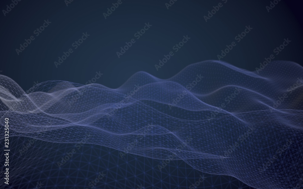 Abstract landscape on a dark background. Cyberspace navy blue grid. Hi-tech network. 3D illustration Abstract landscape on a dark background. Cyberspace navy blue grid. Hi-tech network. 3D illustration