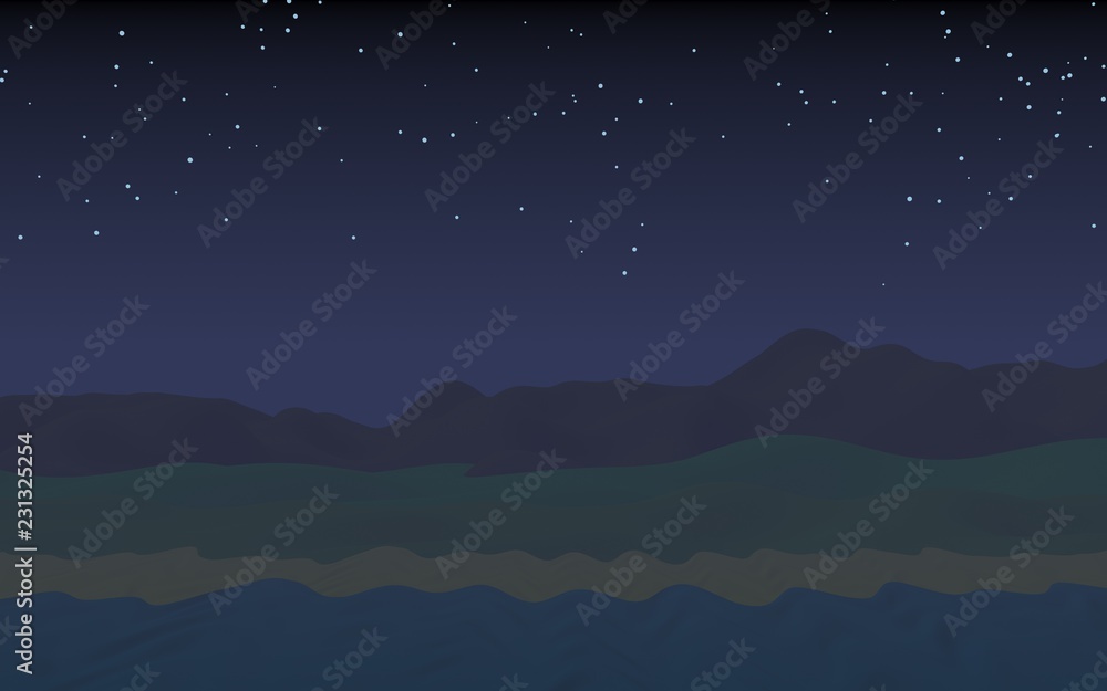 Starry moonless sky. Ocean shore line with waves on a beach. Island beach paradise with waves. Vacation, summer, relaxation. Seascape, seashore. Minimalist landscape, primitivism. 3D illustration